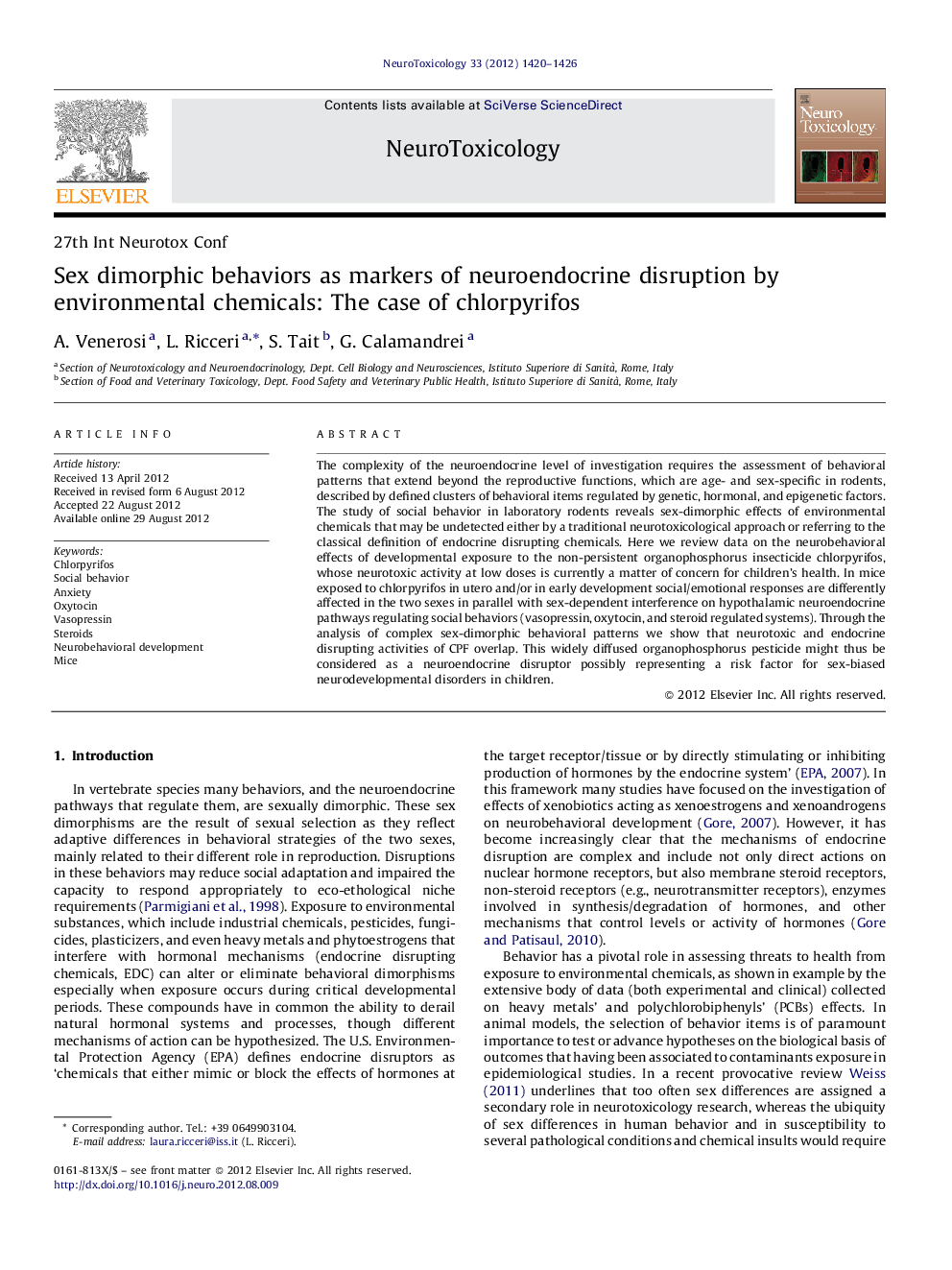 Sex dimorphic behaviors as markers of neuroendocrine disruption by environmental chemicals: The case of chlorpyrifos