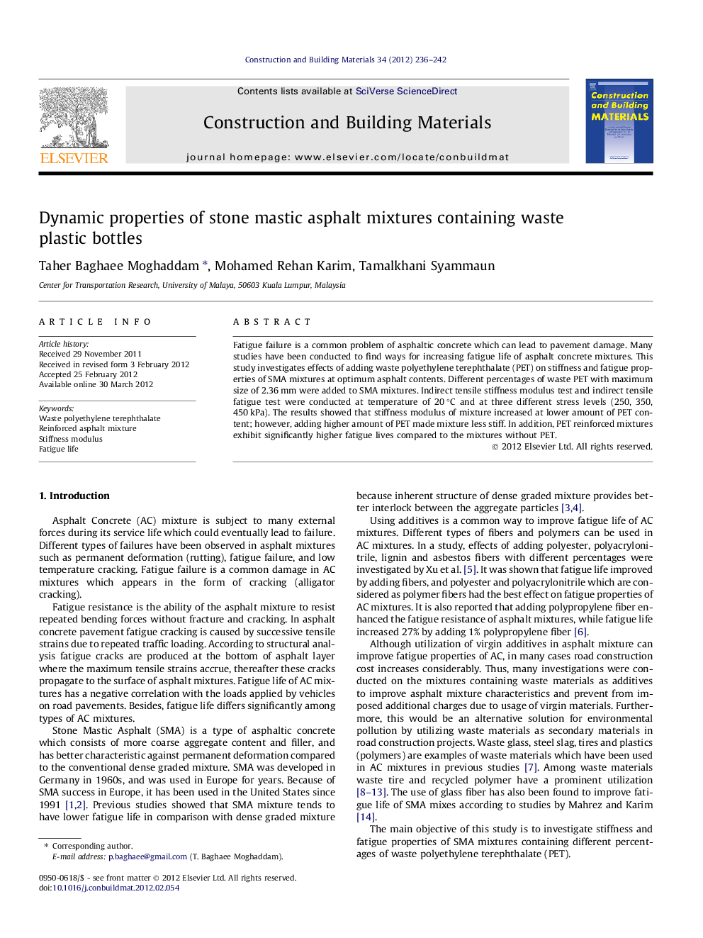 Dynamic properties of stone mastic asphalt mixtures containing waste plastic bottles