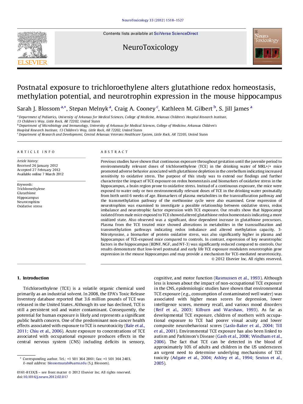 Postnatal exposure to trichloroethylene alters glutathione redox homeostasis, methylation potential, and neurotrophin expression in the mouse hippocampus