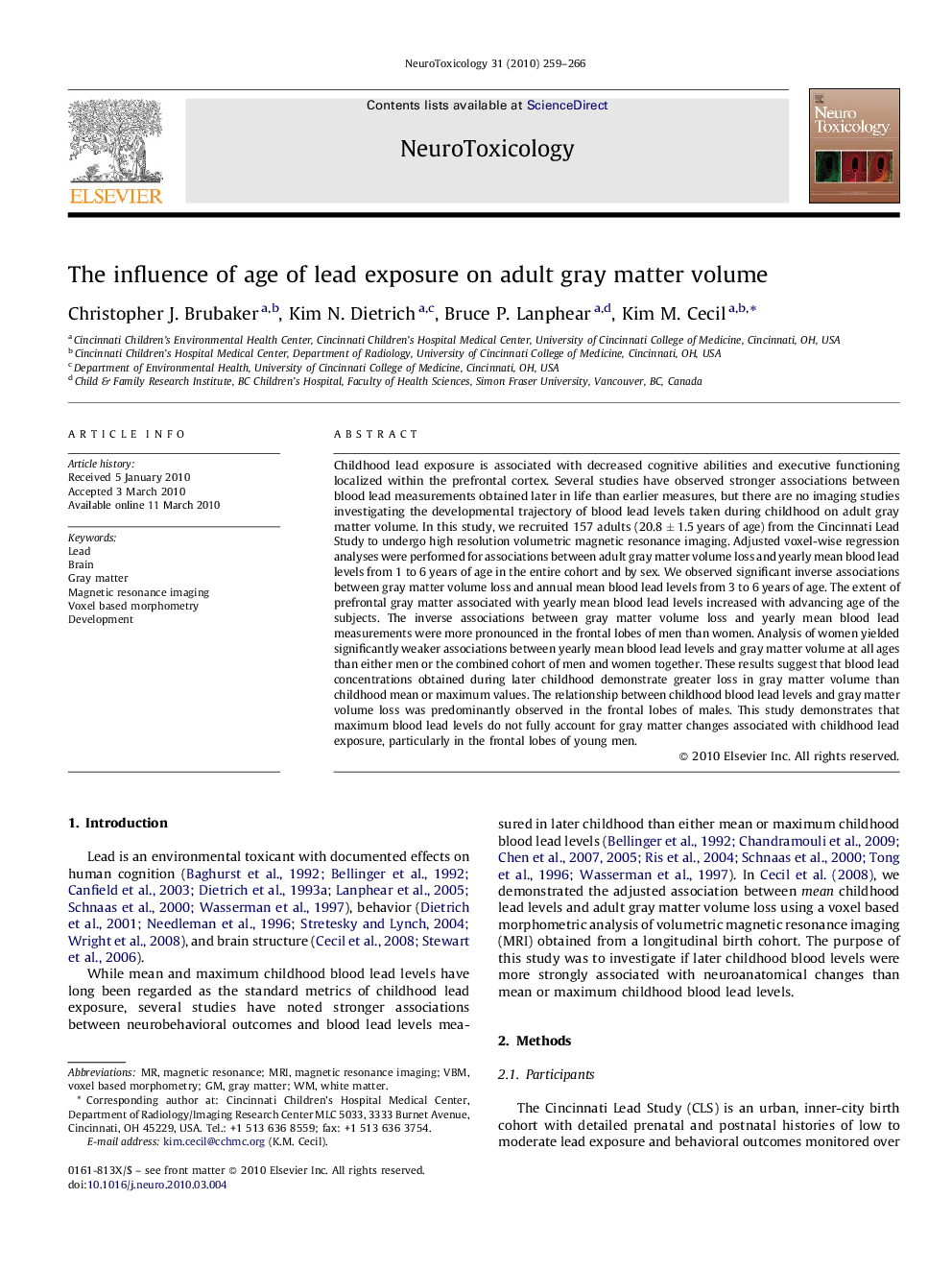 The influence of age of lead exposure on adult gray matter volume