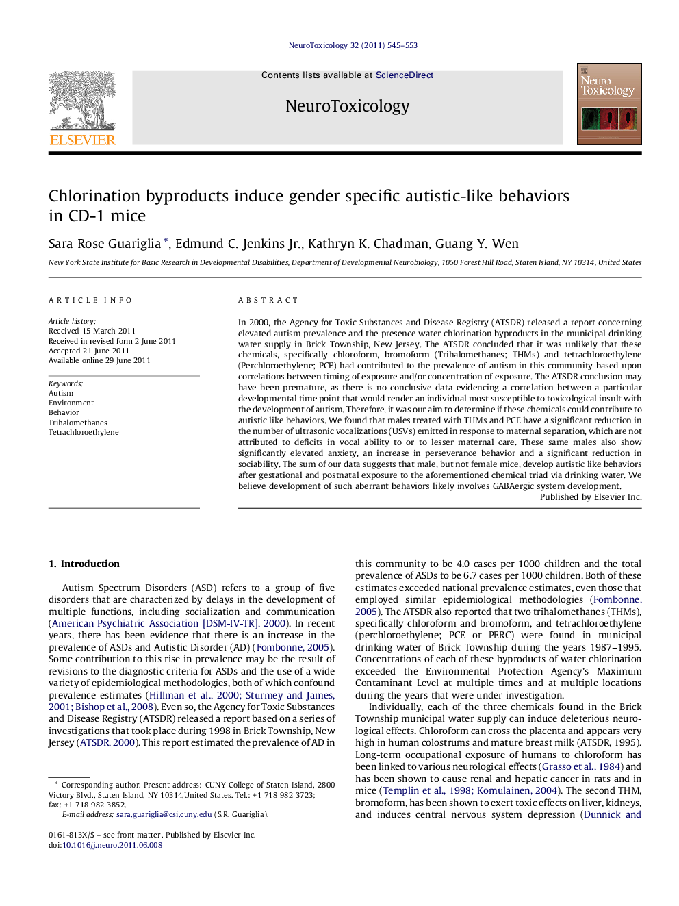 Chlorination byproducts induce gender specific autistic-like behaviors in CD-1 mice