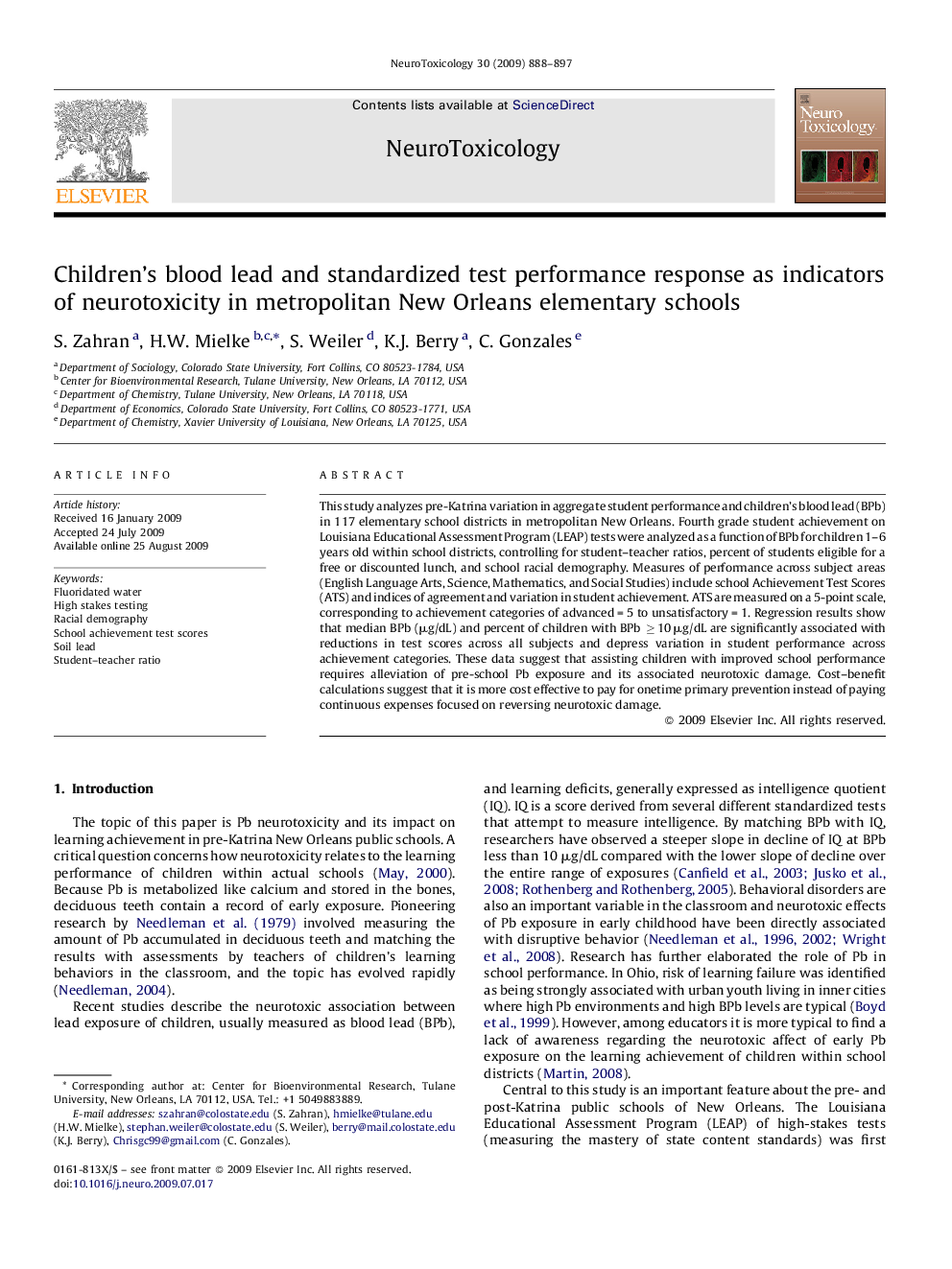 عکس صفحه اول مقاله: Children’s blood lead and standardized test performance response as indicators of neurotoxicity in metropolitan New Orleans elementary schools Children’s blood lead and standardized test performance response as indicators of neurotoxicity in metropolitan New Orleans elementary schools