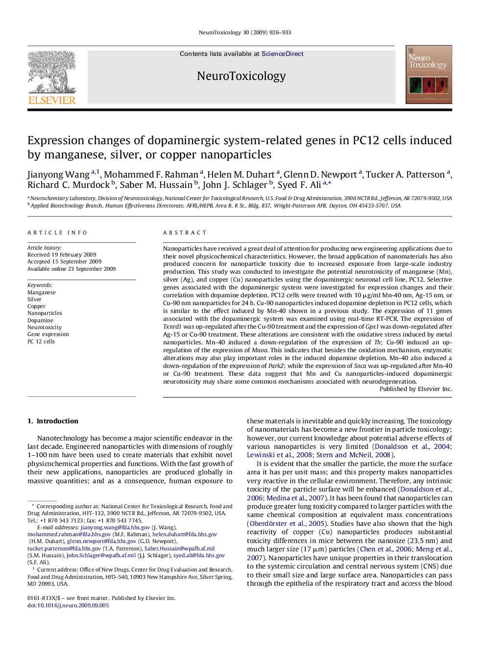 Expression changes of dopaminergic system-related genes in PC12 cells induced by manganese, silver, or copper nanoparticles