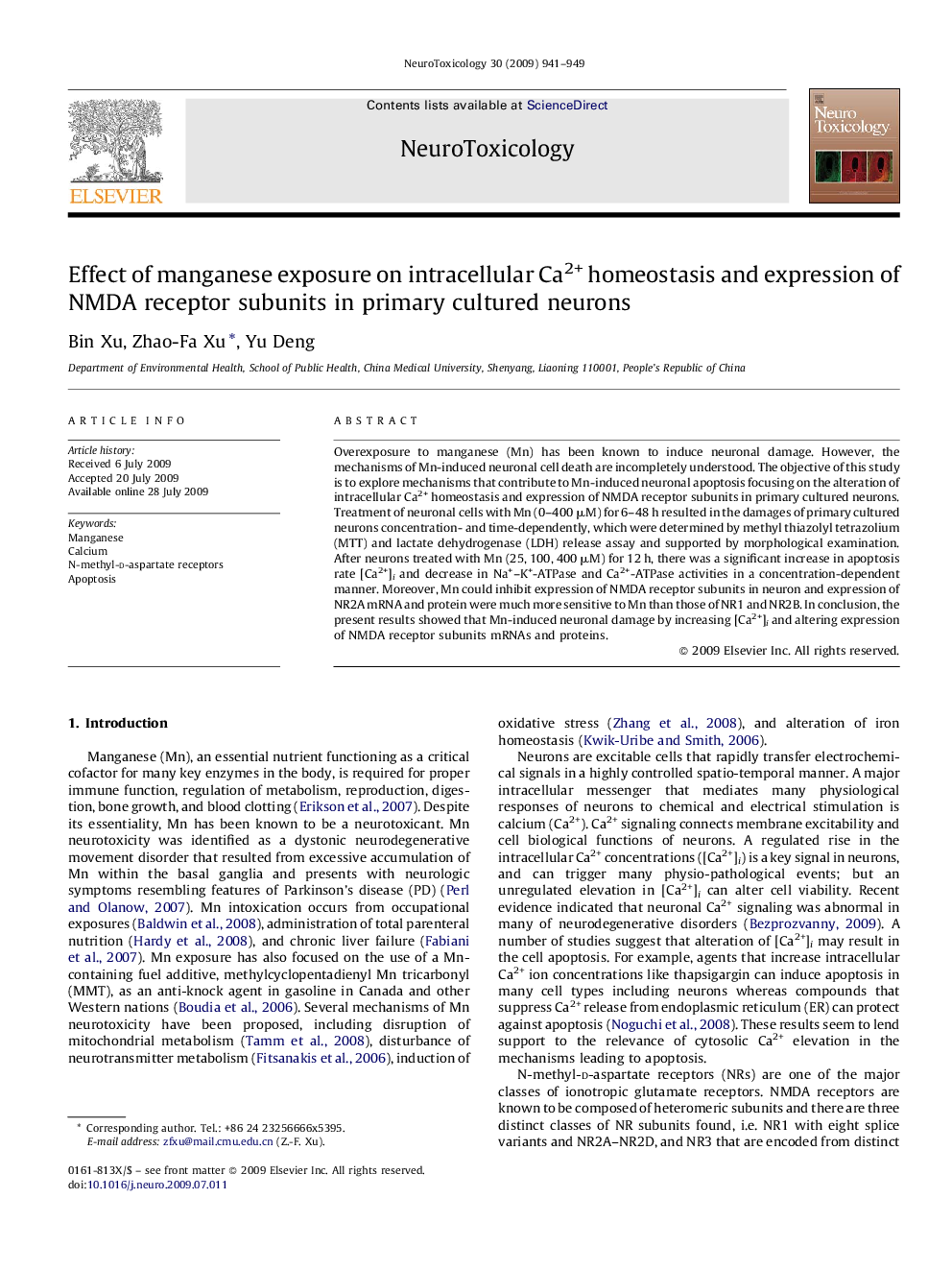 عکس صفحه اول مقاله: Effect of manganese exposure on intracellular Ca2+ homeostasis and expression of NMDA receptor subunits in primary cultured neurons Effect of manganese exposure on intracellular Ca2+ homeostasis and expression of NMDA receptor subunits in primary cultured neurons