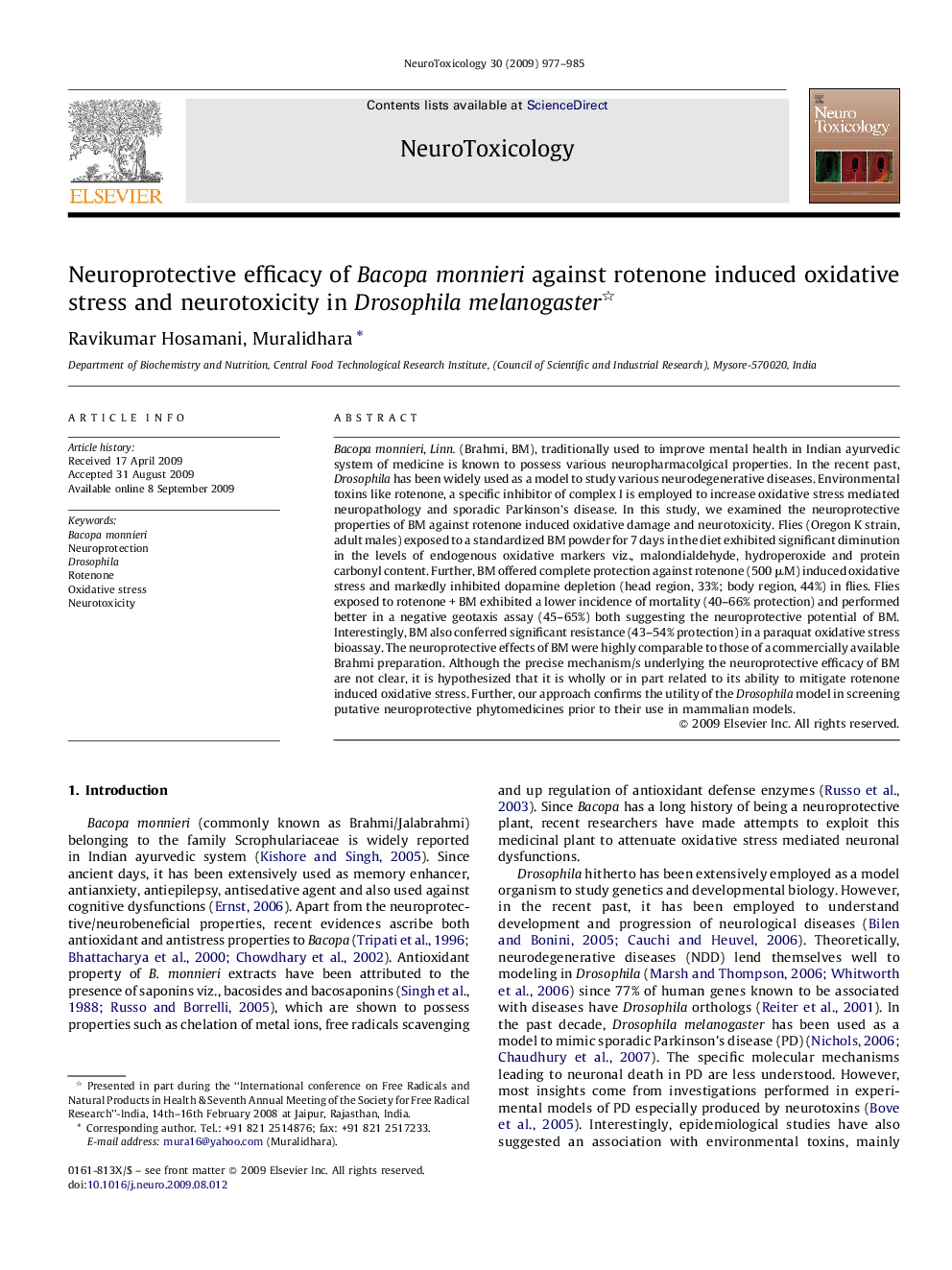 Neuroprotective efficacy of Bacopa monnieri against rotenone induced oxidative stress and neurotoxicity in Drosophila melanogaster 