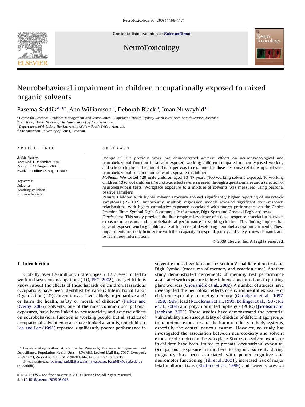 Neurobehavioral impairment in children occupationally exposed to mixed organic solvents