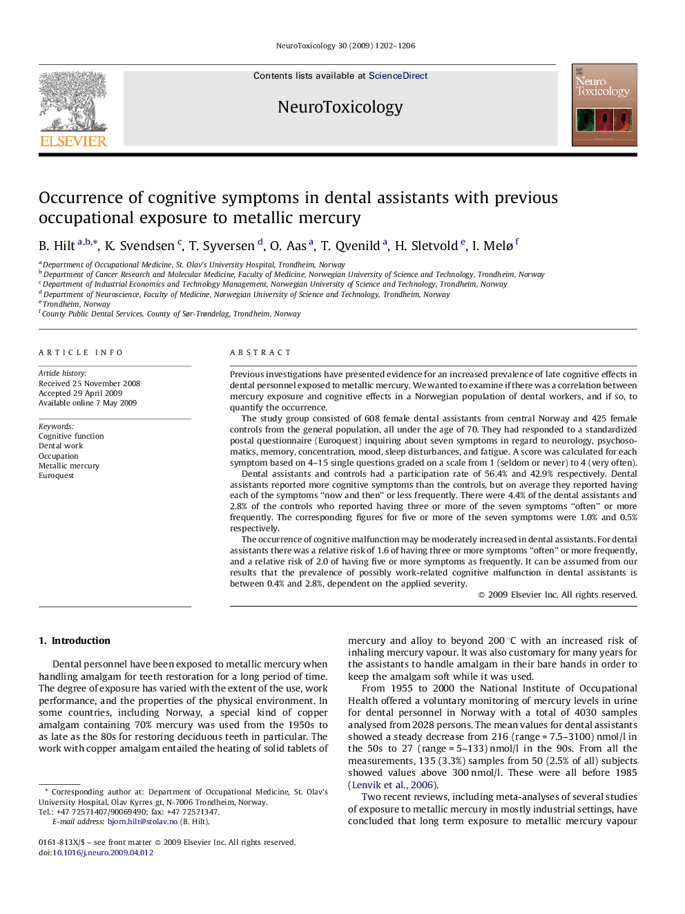 عکس صفحه اول مقاله: Occurrence of cognitive symptoms in dental assistants with previous occupational exposure to metallic mercury Occurrence of cognitive symptoms in dental assistants with previous occupational exposure to metallic mercury