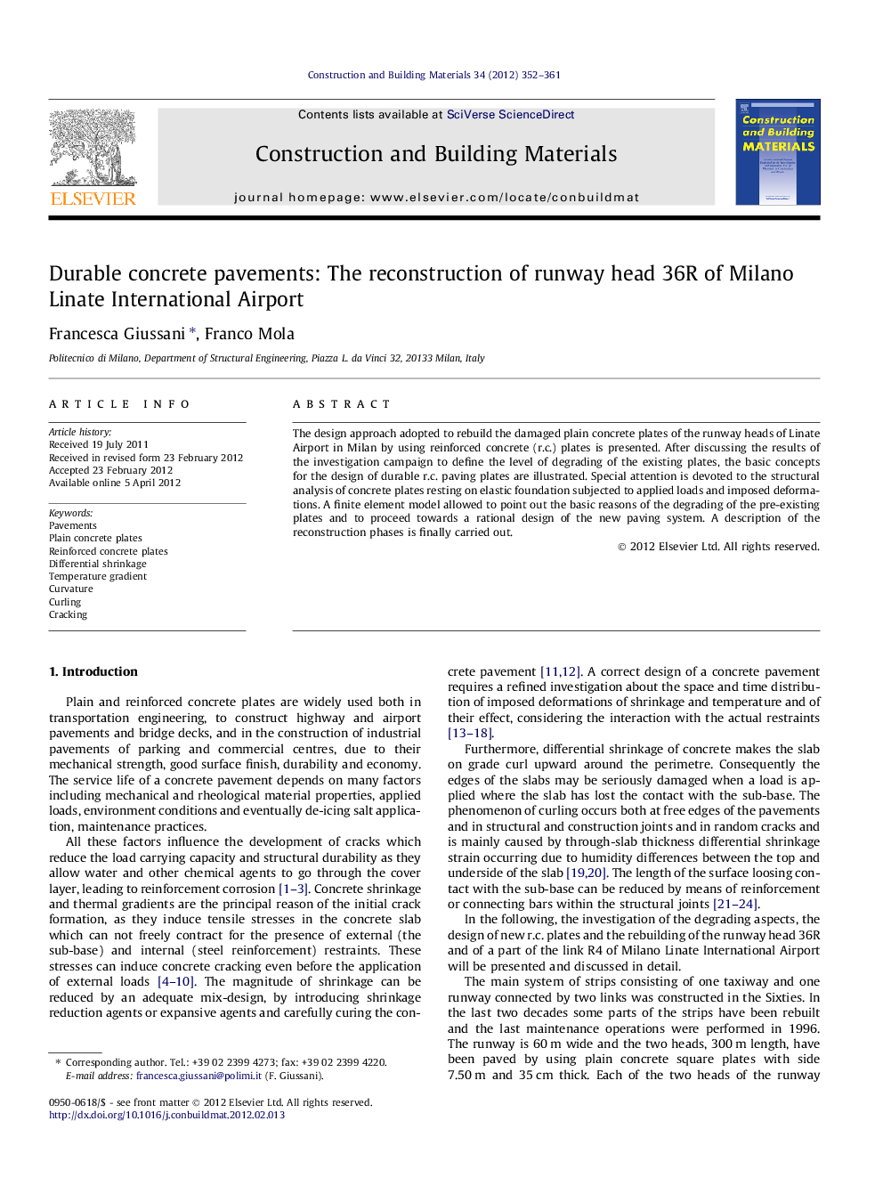 Durable concrete pavements: The reconstruction of runway head 36R of Milano Linate International Airport