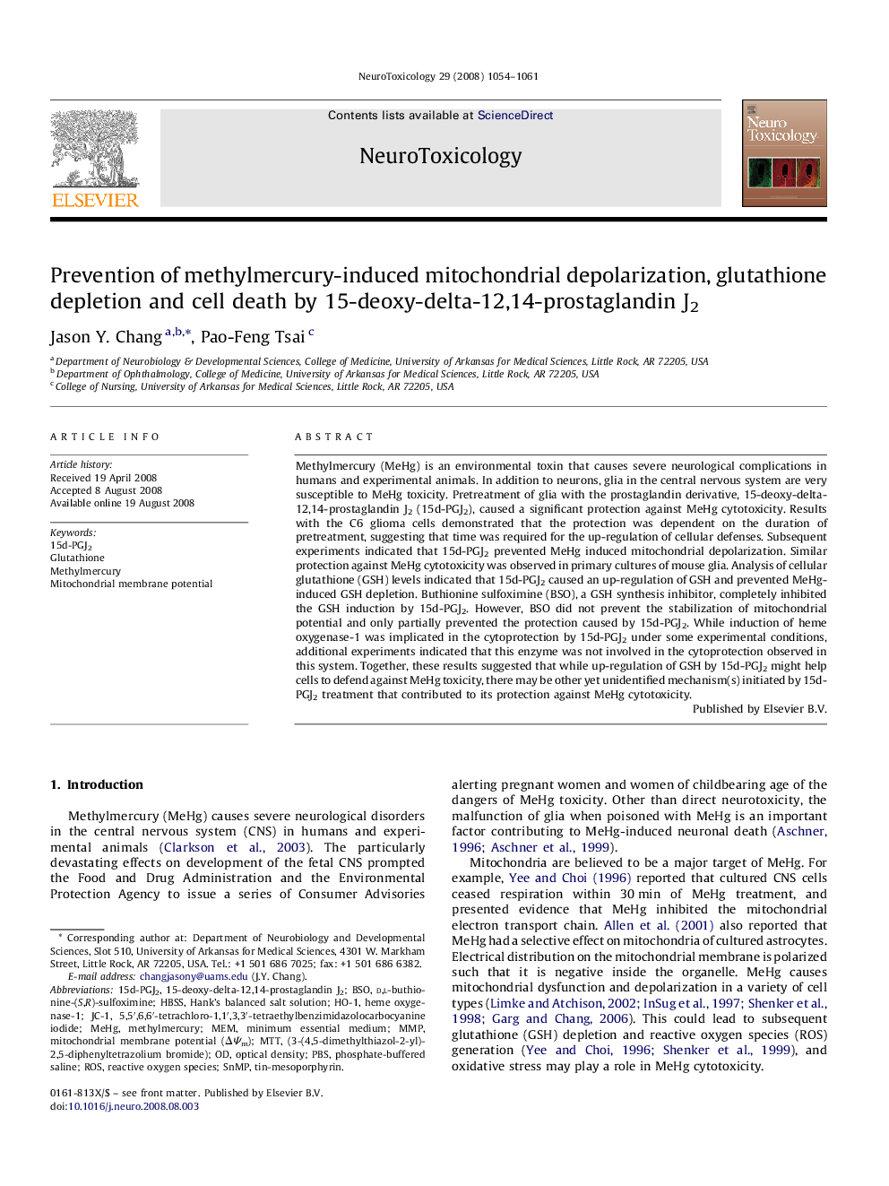 Prevention of methylmercury-induced mitochondrial depolarization, glutathione depletion and cell death by 15-deoxy-delta-12,14-prostaglandin J2