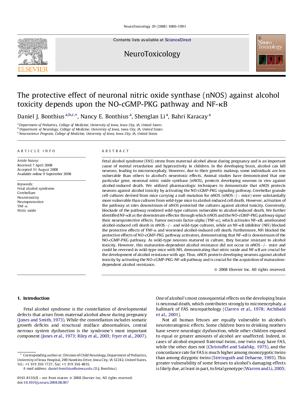 The protective effect of neuronal nitric oxide synthase (nNOS) against alcohol toxicity depends upon the NO-cGMP-PKG pathway and NF-κB