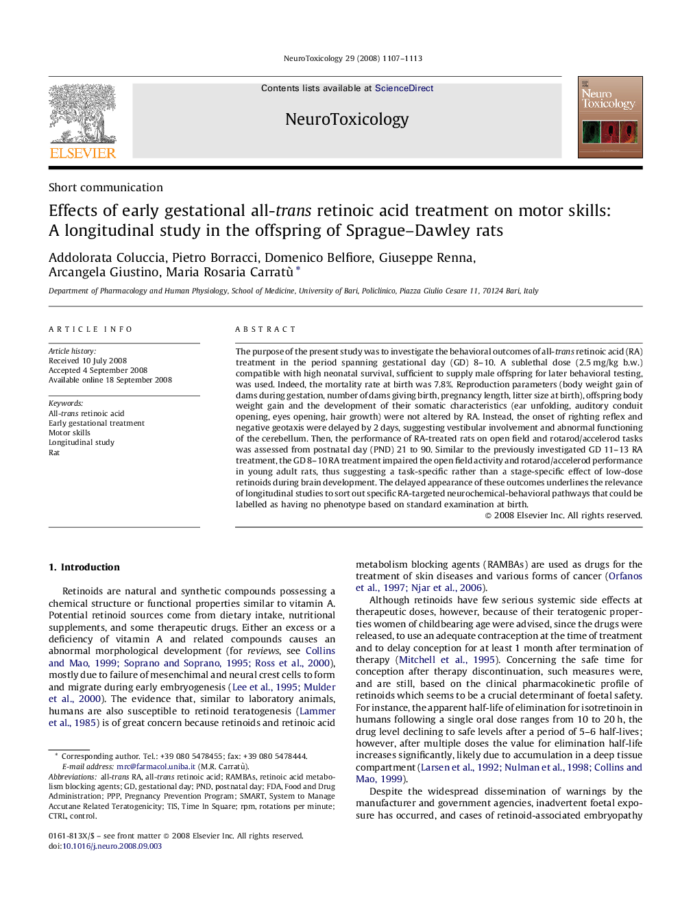 Effects of early gestational all-trans retinoic acid treatment on motor skills: A longitudinal study in the offspring of Sprague–Dawley rats