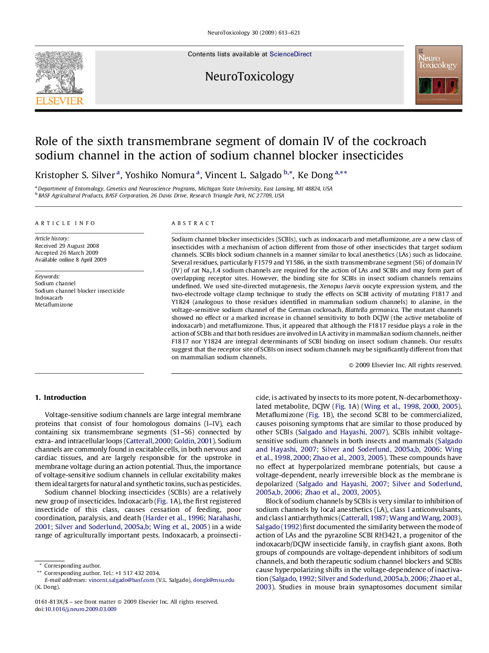 Role of the sixth transmembrane segment of domain IV of the cockroach sodium channel in the action of sodium channel blocker insecticides