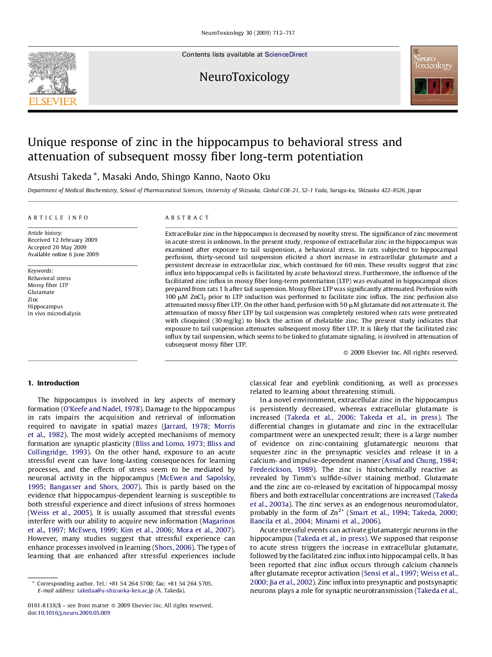 عکس صفحه اول مقاله: Unique response of zinc in the hippocampus to behavioral stress and attenuation of subsequent mossy fiber long-term potentiation Unique response of zinc in the hippocampus to behavioral stress and attenuation of subsequent mossy fiber long-term potentiation