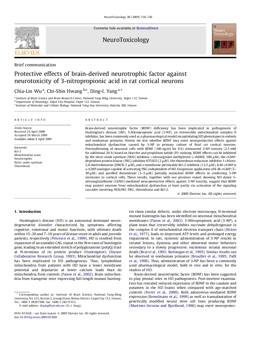 Protective effects of brain-derived neurotrophic factor against neurotoxicity of 3-nitropropionic acid in rat cortical neurons