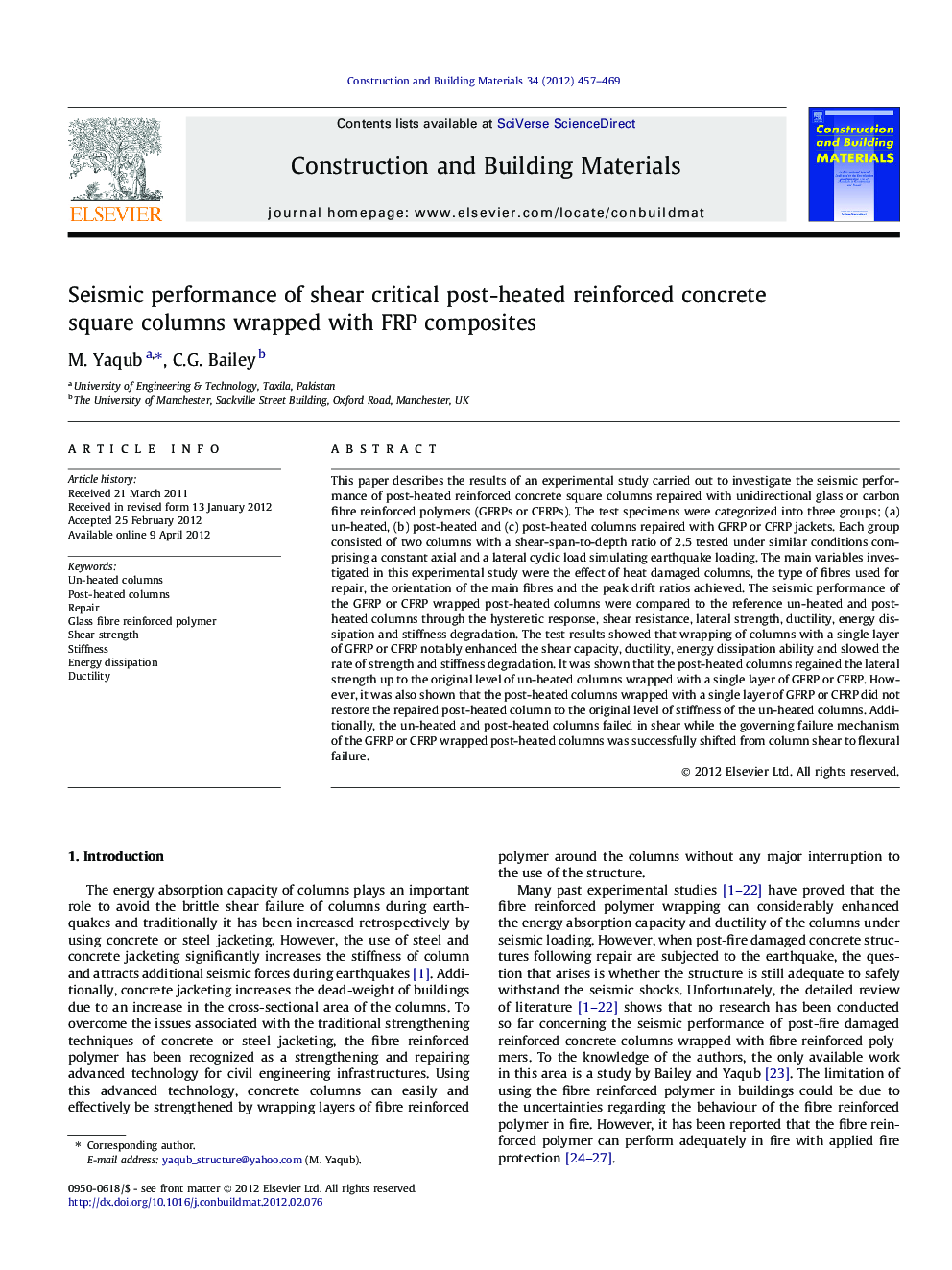 Seismic performance of shear critical post-heated reinforced concrete square columns wrapped with FRP composites