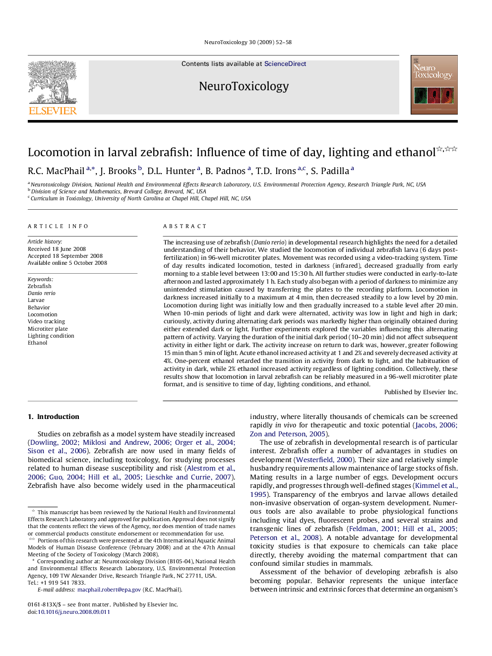 Locomotion in larval zebrafish: Influence of time of day, lighting and ethanol 