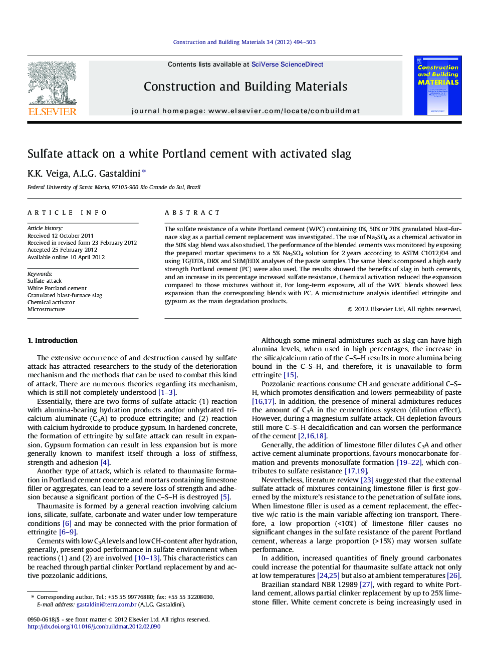 Sulfate attack on a white Portland cement with activated slag