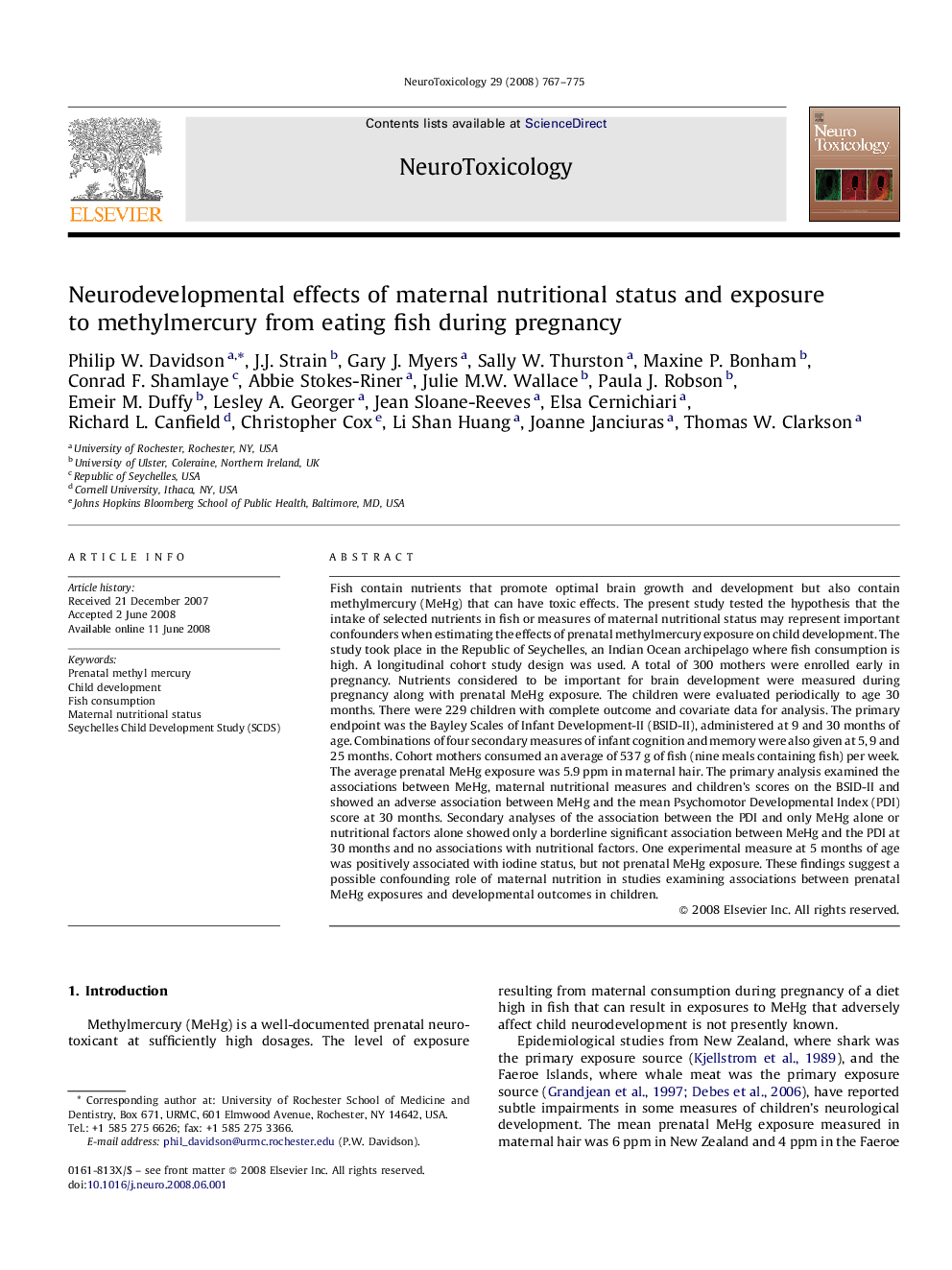 Neurodevelopmental effects of maternal nutritional status and exposure to methylmercury from eating fish during pregnancy