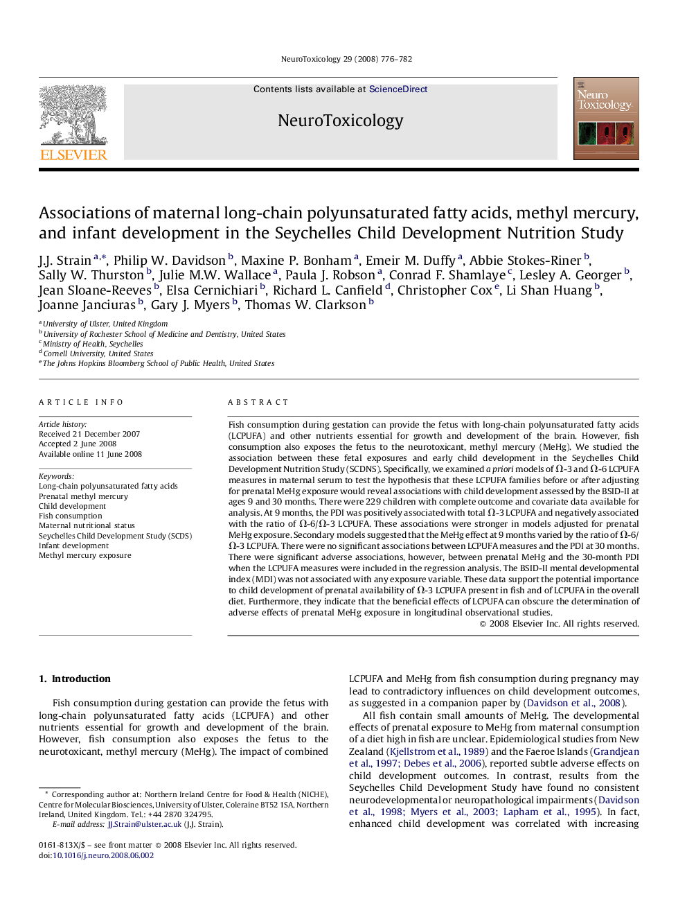 Associations of maternal long-chain polyunsaturated fatty acids, methyl mercury, and infant development in the Seychelles Child Development Nutrition Study