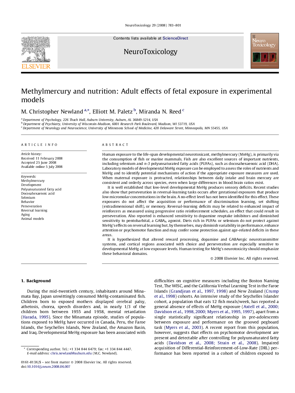 Methylmercury and nutrition: Adult effects of fetal exposure in experimental models