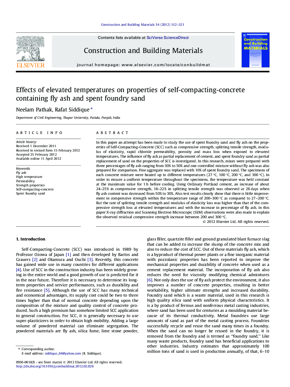 Effects of elevated temperatures on properties of self-compacting-concrete containing fly ash and spent foundry sand