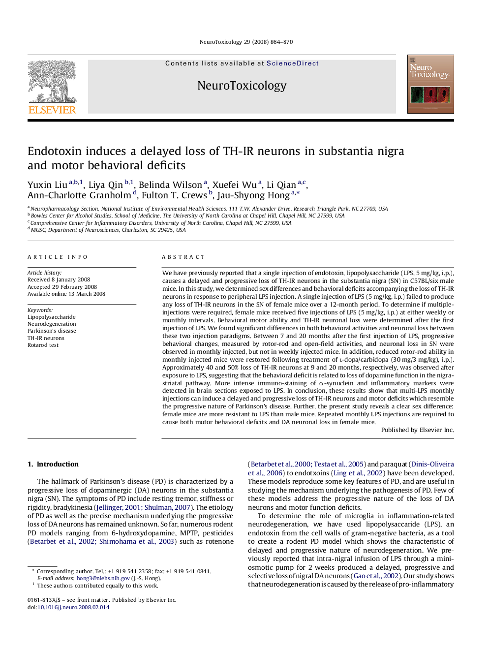 Endotoxin induces a delayed loss of TH-IR neurons in substantia nigra and motor behavioral deficits