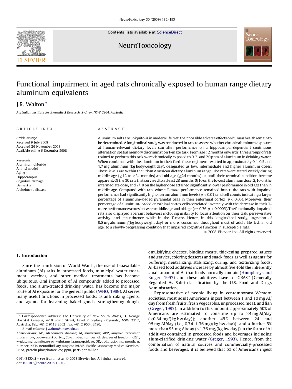 Functional impairment in aged rats chronically exposed to human range dietary aluminum equivalents