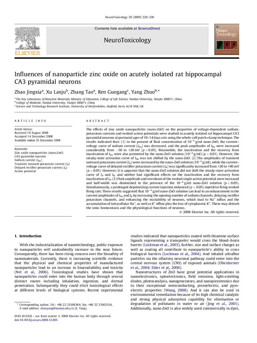 Influences of nanoparticle zinc oxide on acutely isolated rat hippocampal CA3 pyramidal neurons