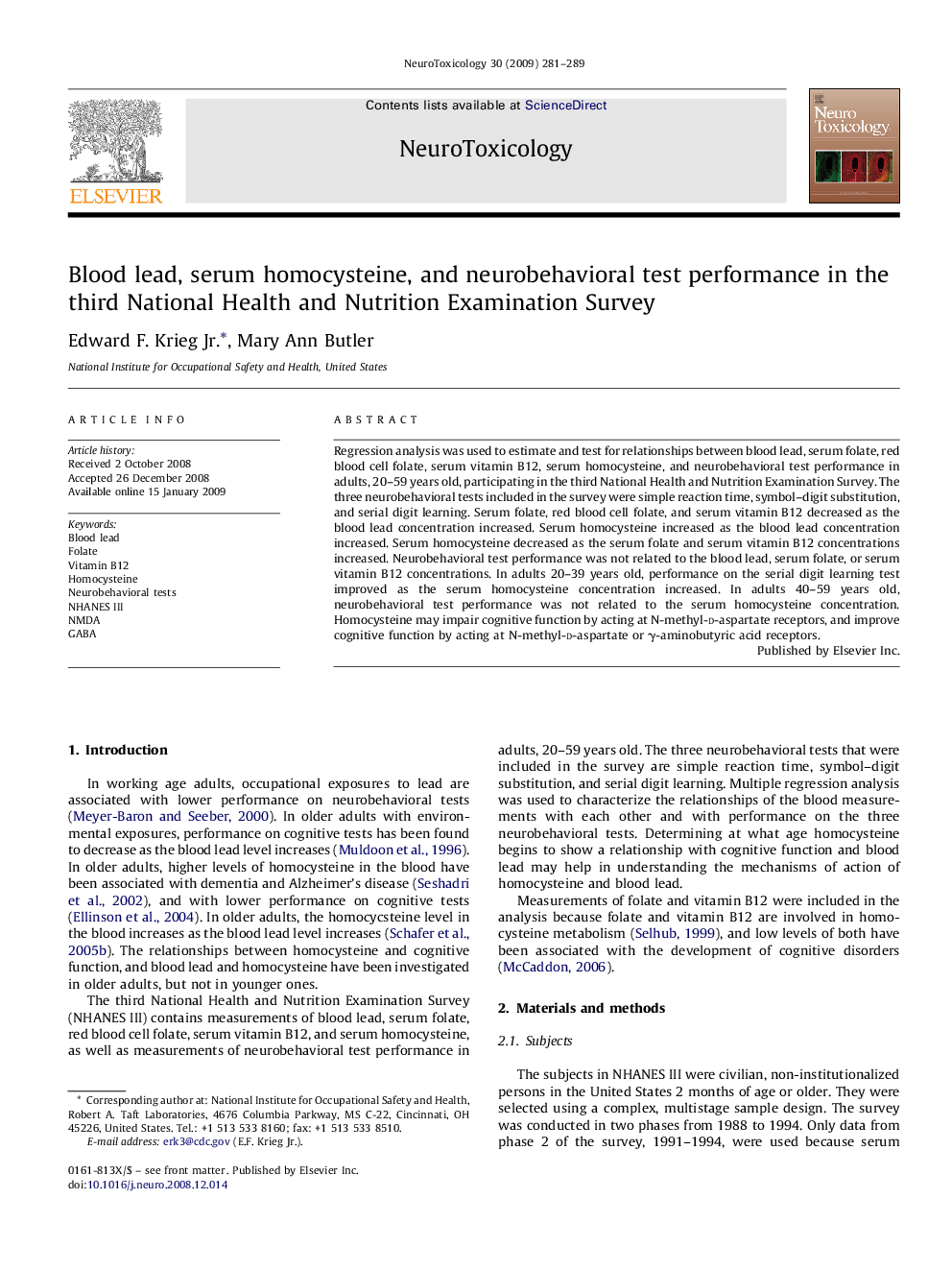 Blood lead, serum homocysteine, and neurobehavioral test performance in the third National Health and Nutrition Examination Survey