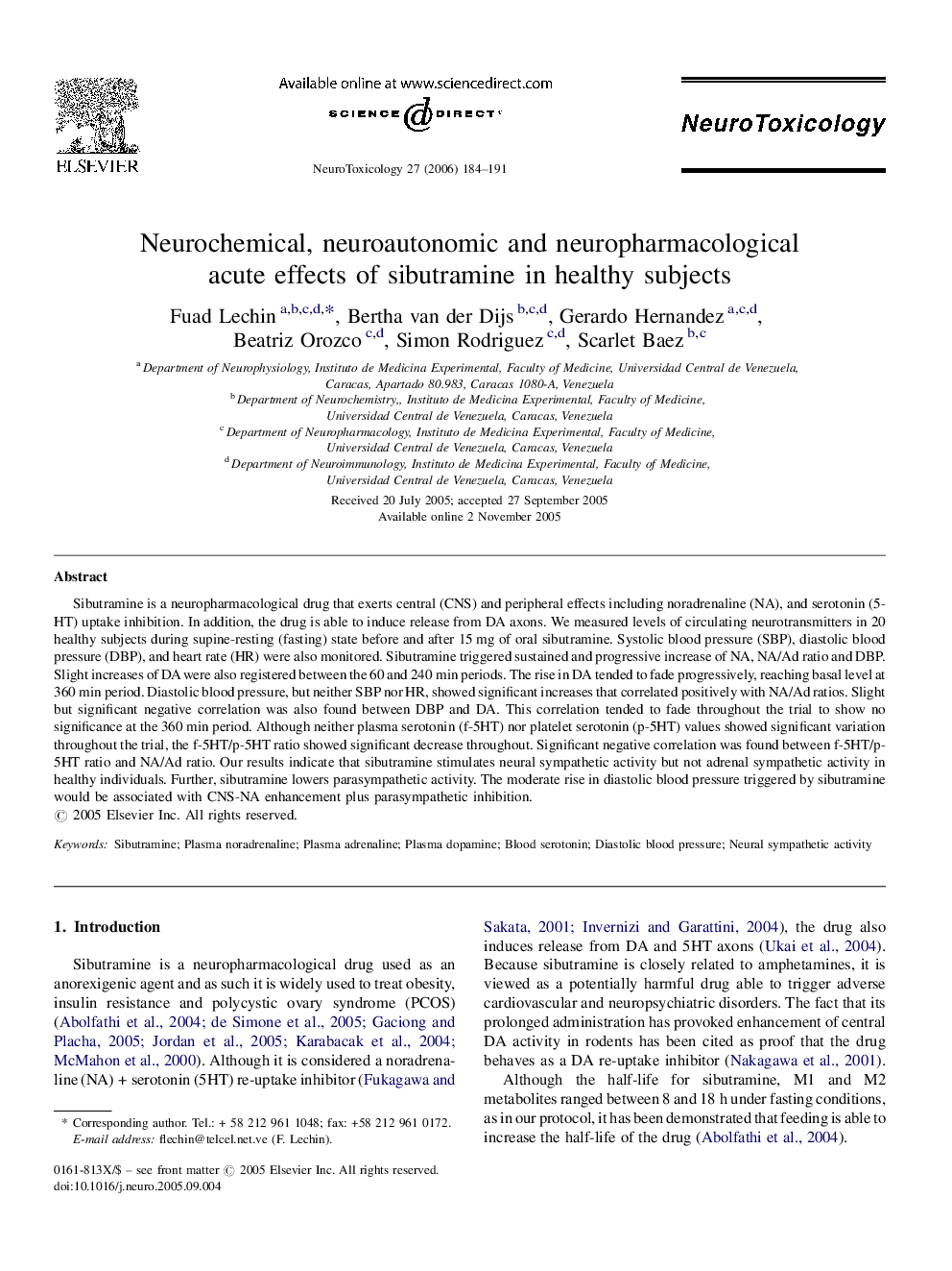 Neurochemical, neuroautonomic and neuropharmacological acute effects of sibutramine in healthy subjects