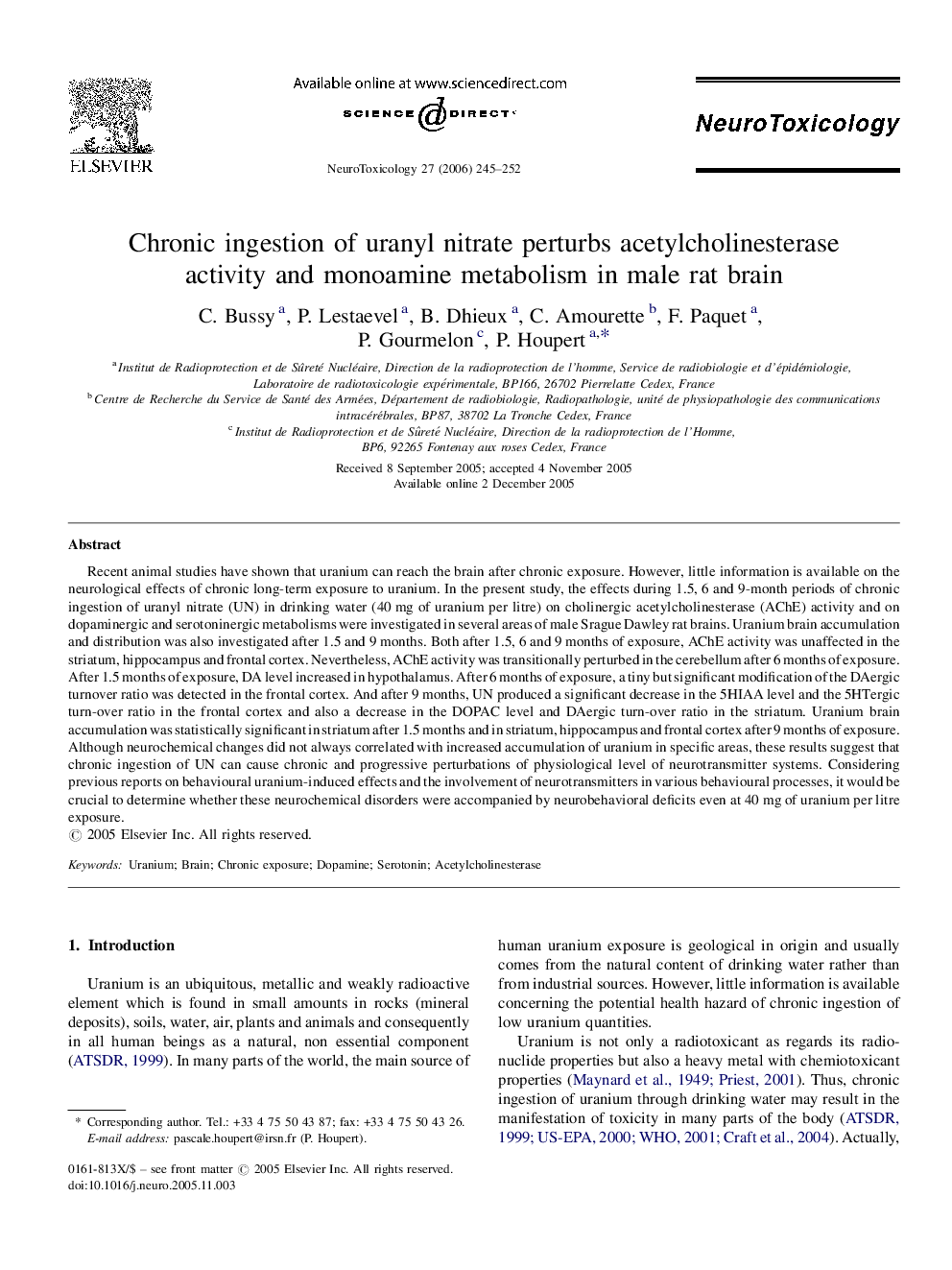 Chronic ingestion of uranyl nitrate perturbs acetylcholinesterase activity and monoamine metabolism in male rat brain