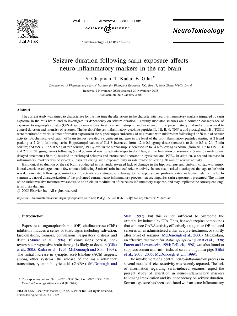 Seizure duration following sarin exposure affects neuro-inflammatory markers in the rat brain