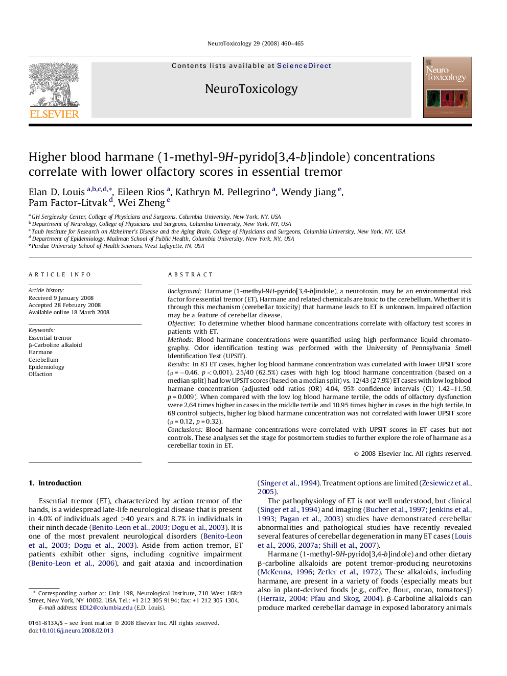 Higher blood harmane (1-methyl-9H-pyrido[3,4-b]indole) concentrations correlate with lower olfactory scores in essential tremor