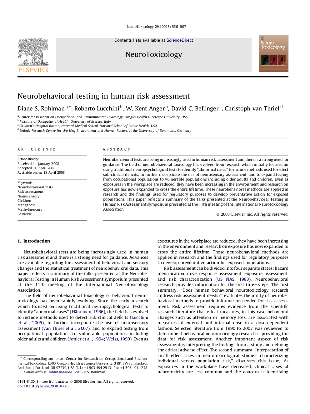 Neurobehavioral testing in human risk assessment