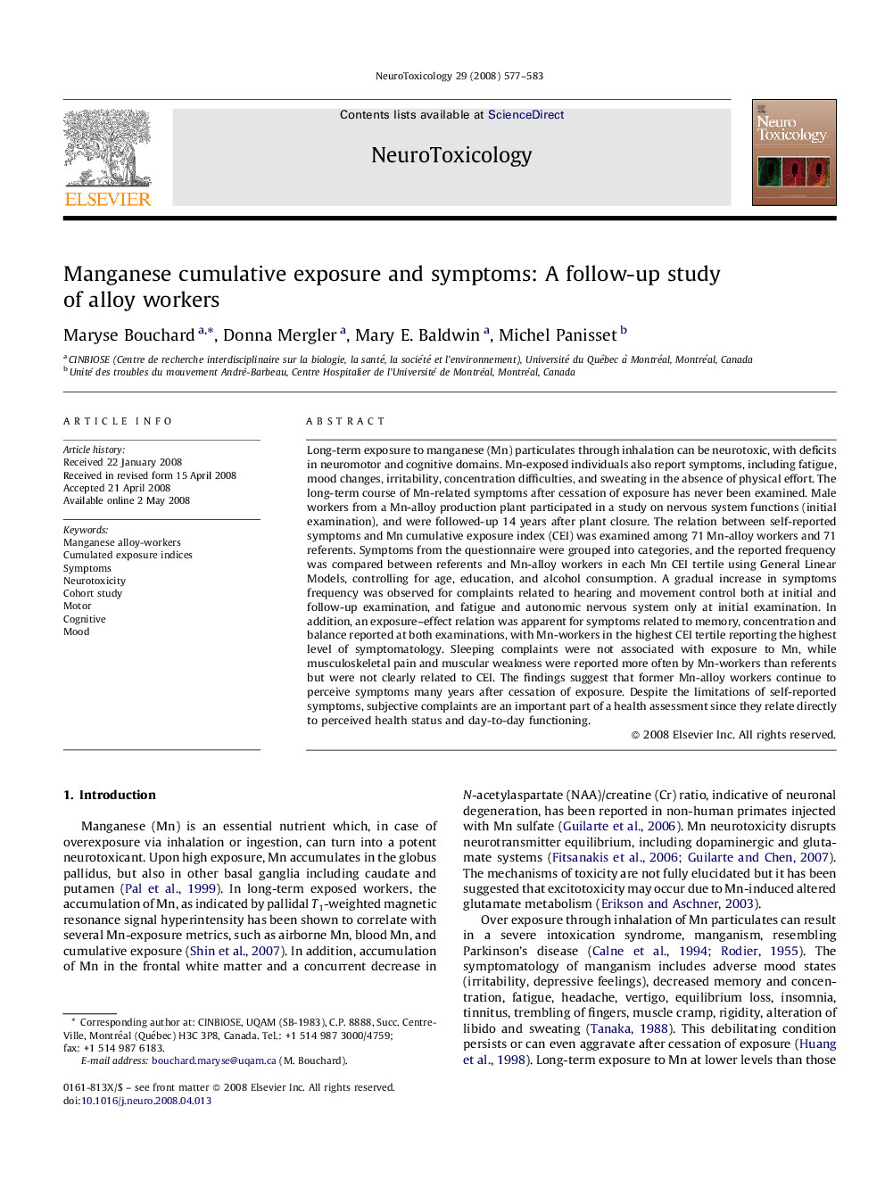 Manganese cumulative exposure and symptoms: A follow-up study of alloy workers