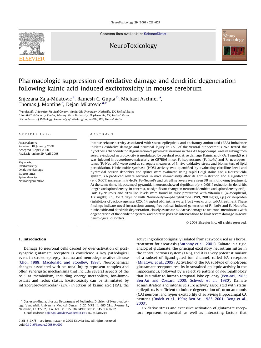 Pharmacologic suppression of oxidative damage and dendritic degeneration following kainic acid-induced excitotoxicity in mouse cerebrum