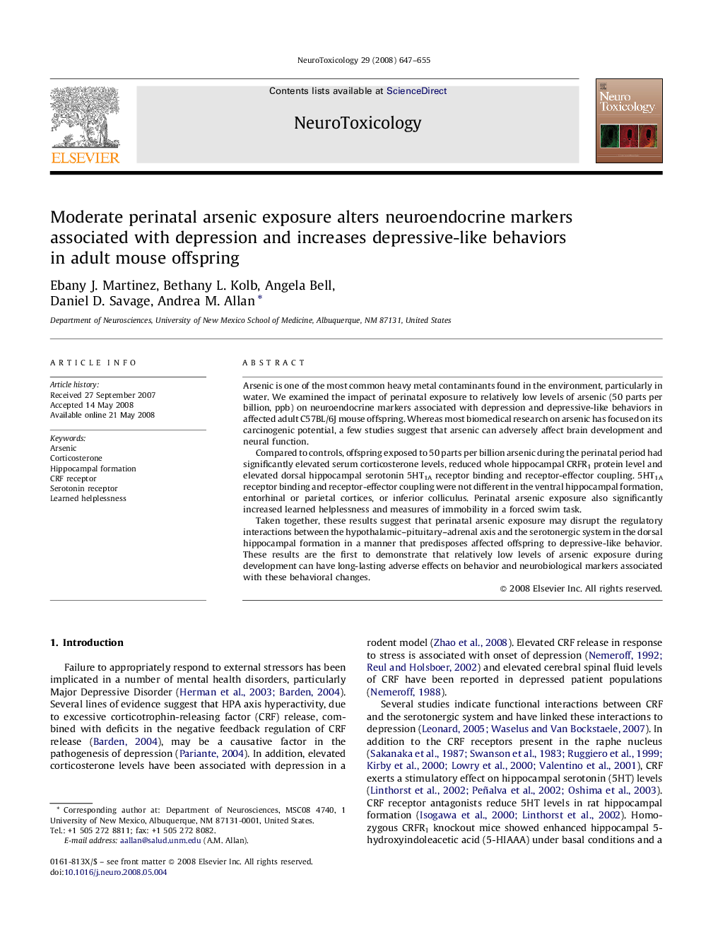 Moderate perinatal arsenic exposure alters neuroendocrine markers associated with depression and increases depressive-like behaviors in adult mouse offspring