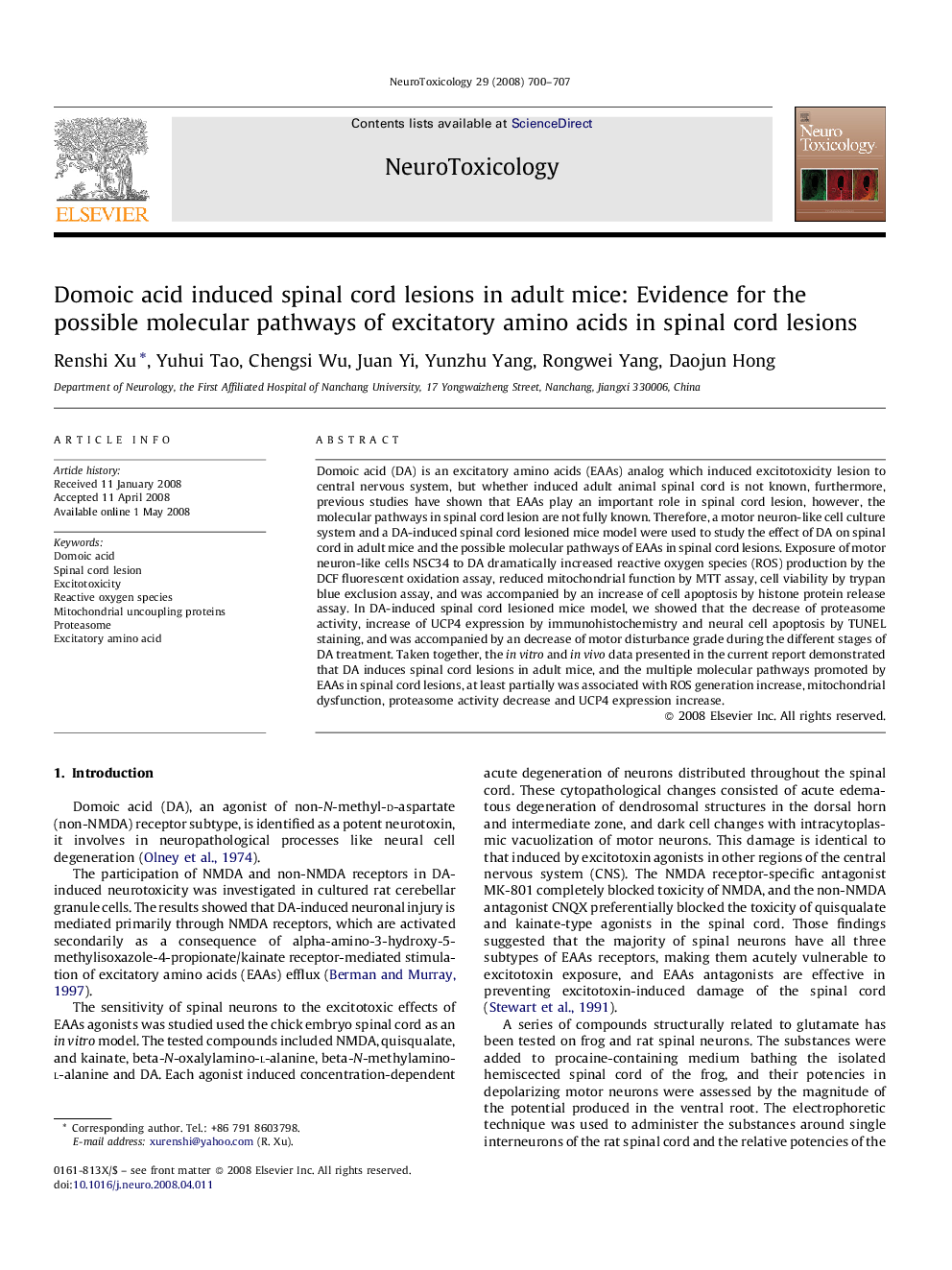 Domoic acid induced spinal cord lesions in adult mice: Evidence for the possible molecular pathways of excitatory amino acids in spinal cord lesions