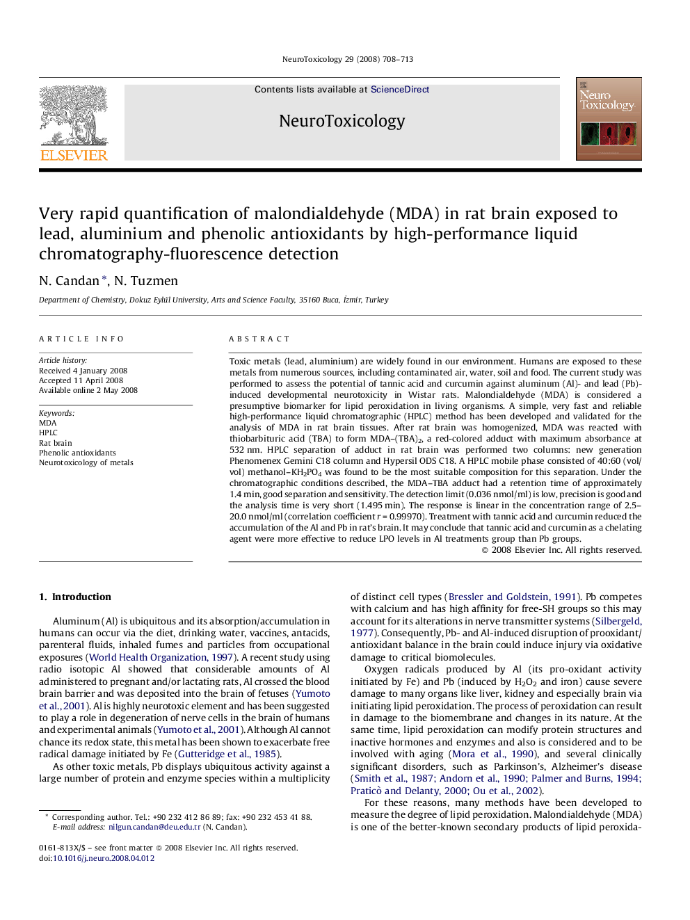 Very rapid quantification of malondialdehyde (MDA) in rat brain exposed to lead, aluminium and phenolic antioxidants by high-performance liquid chromatography-fluorescence detection