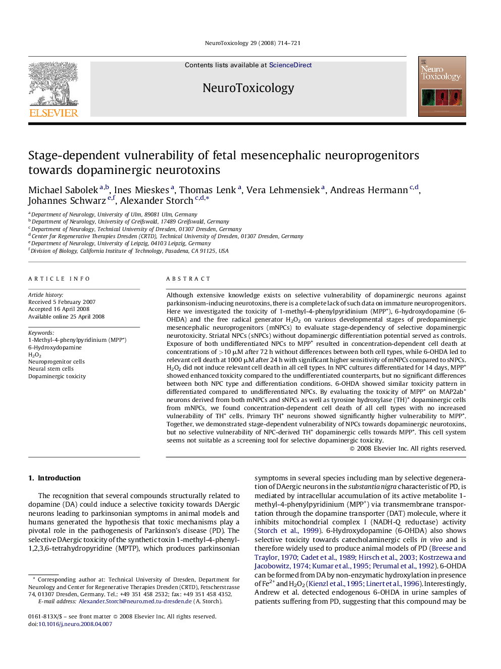 Stage-dependent vulnerability of fetal mesencephalic neuroprogenitors towards dopaminergic neurotoxins