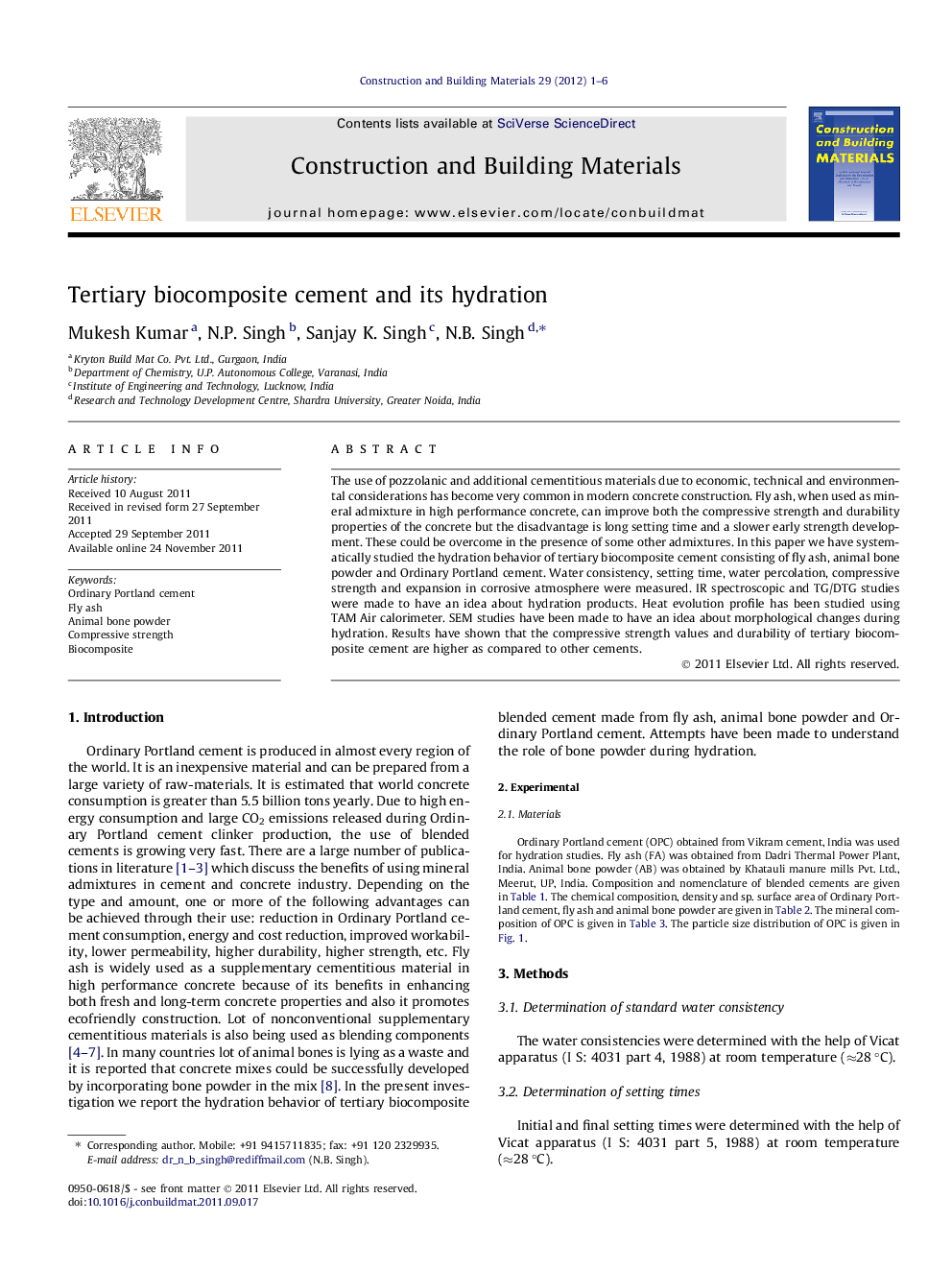 Tertiary biocomposite cement and its hydration