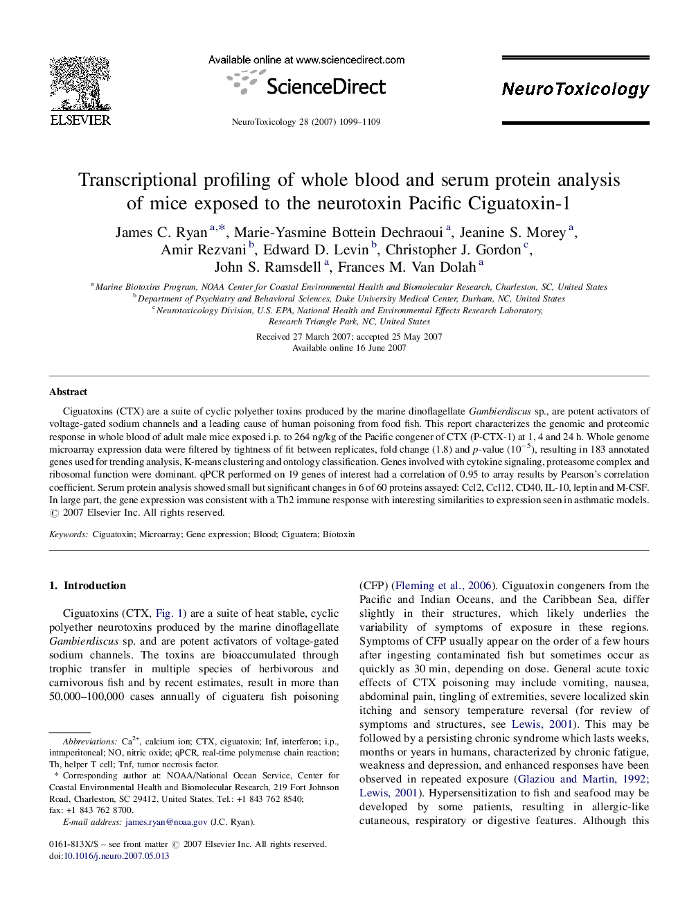 Transcriptional profiling of whole blood and serum protein analysis of mice exposed to the neurotoxin Pacific Ciguatoxin-1