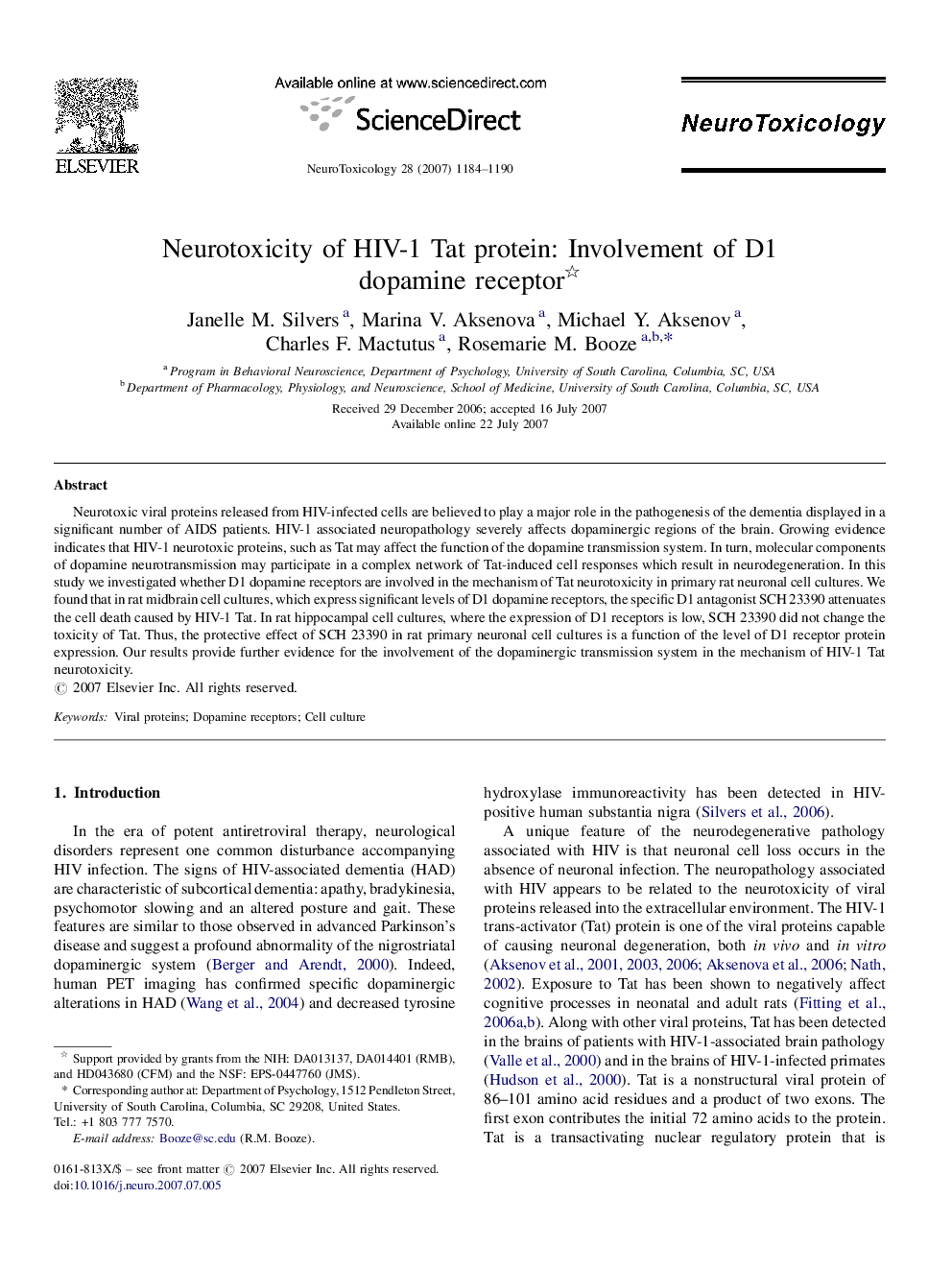 Neurotoxicity of HIV-1 Tat protein: Involvement of D1 dopamine receptor 