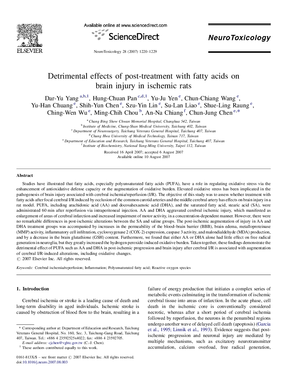 Detrimental effects of post-treatment with fatty acids on brain injury in ischemic rats