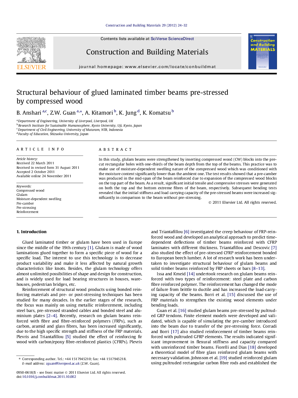 Structural behaviour of glued laminated timber beams pre-stressed by compressed wood