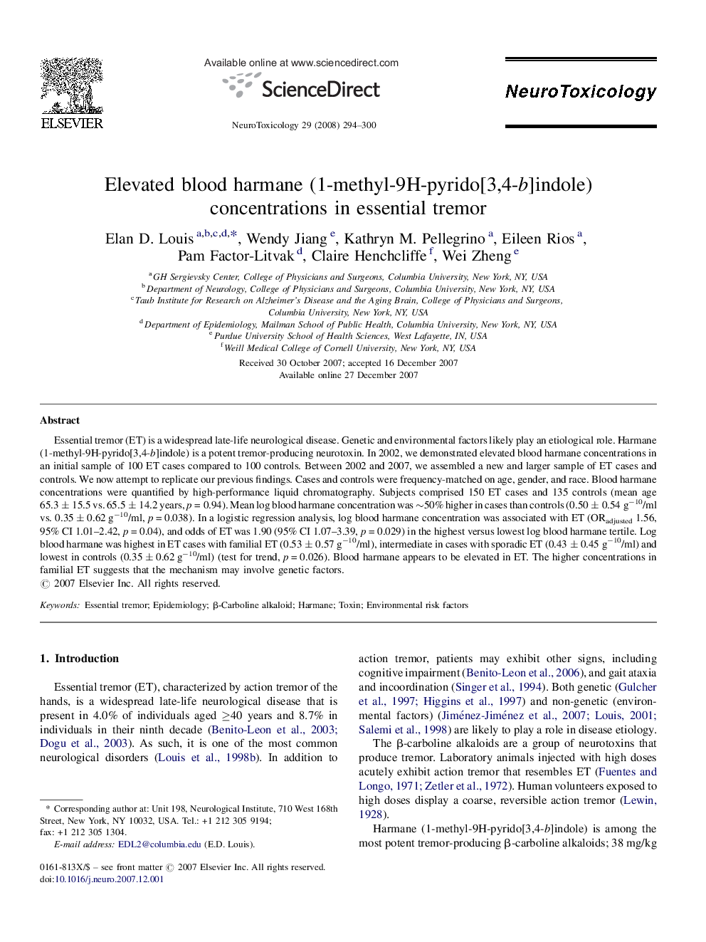Elevated blood harmane (1-methyl-9H-pyrido[3,4-b]indole) concentrations in essential tremor