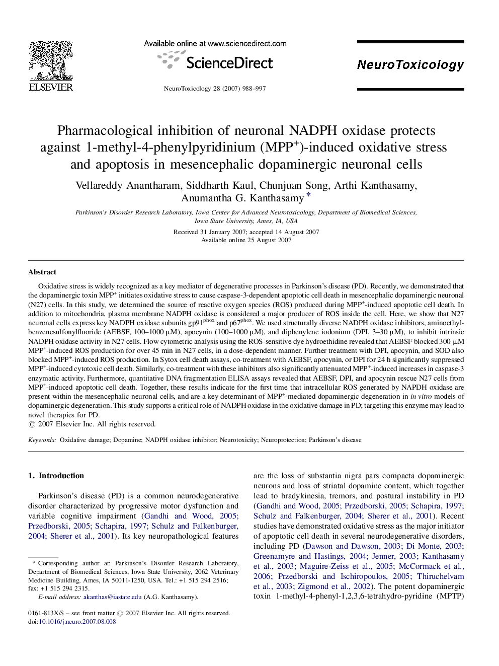 Pharmacological inhibition of neuronal NADPH oxidase protects against 1-methyl-4-phenylpyridinium (MPP+)-induced oxidative stress and apoptosis in mesencephalic dopaminergic neuronal cells