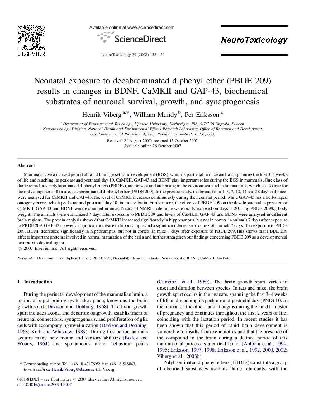 Neonatal exposure to decabrominated diphenyl ether (PBDE 209) results in changes in BDNF, CaMKII and GAP-43, biochemical substrates of neuronal survival, growth, and synaptogenesis