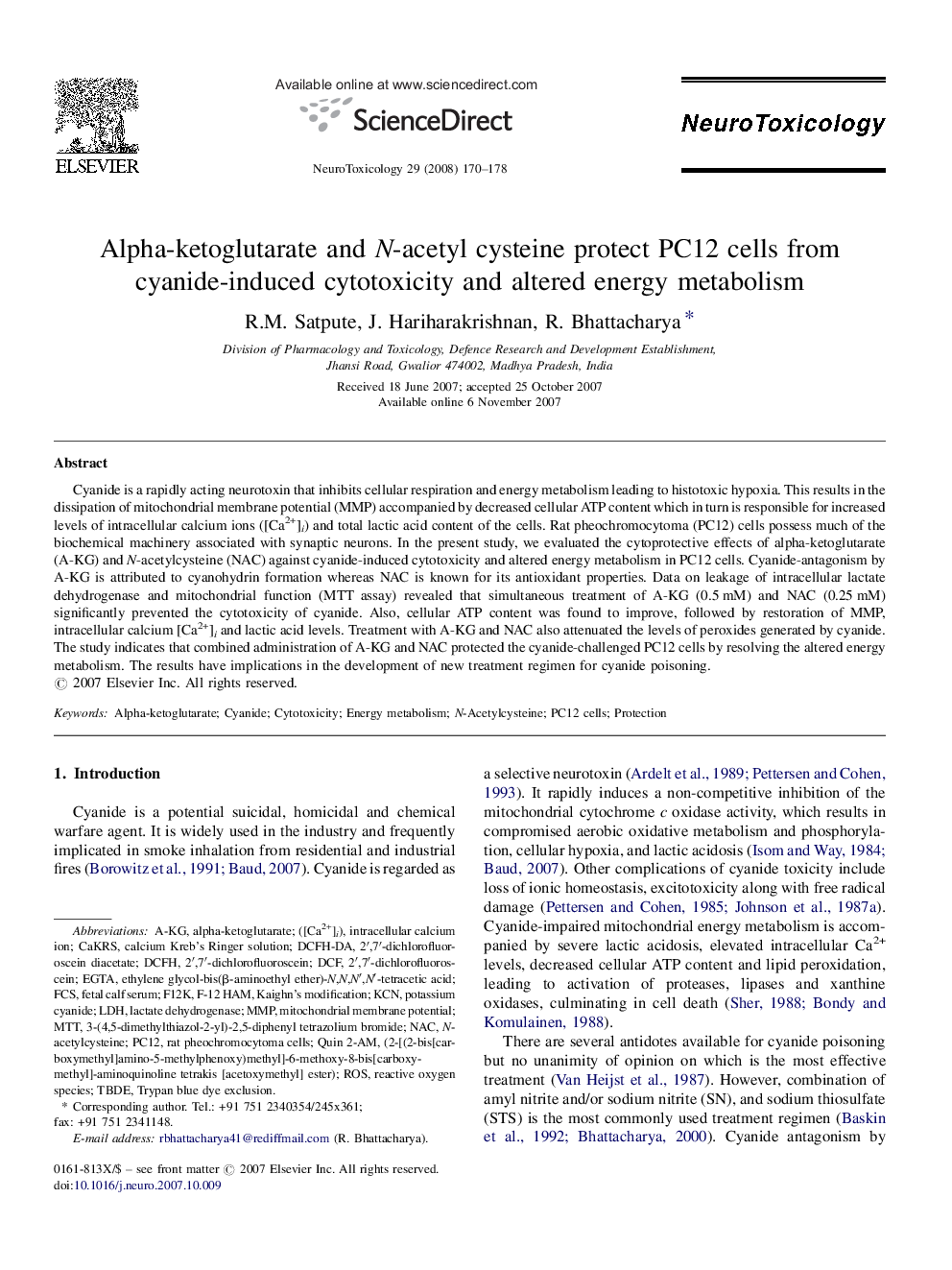 عکس صفحه اول مقاله: Alpha-ketoglutarate and N-acetyl cysteine protect PC12 cells from cyanide-induced cytotoxicity and altered energy metabolism Alpha-ketoglutarate and N-acetyl cysteine protect PC12 cells from cyanide-induced cytotoxicity and altered energy metabolism