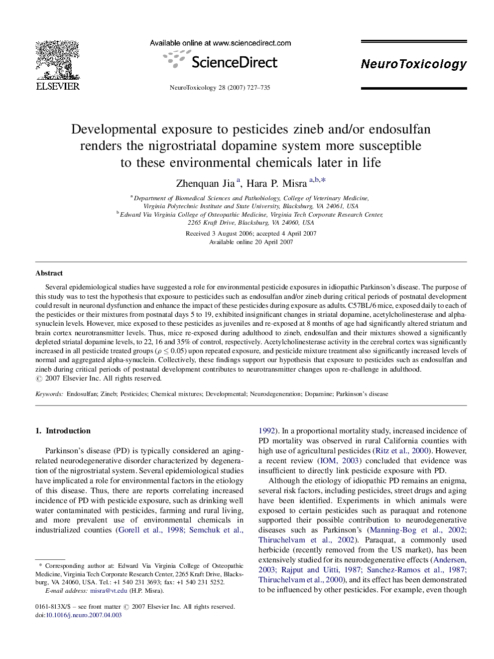 Developmental exposure to pesticides zineb and/or endosulfan renders the nigrostriatal dopamine system more susceptible to these environmental chemicals later in life